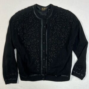 Vintage Heather Black Beaded Embroidered Cashmere Cardigan Sweater
